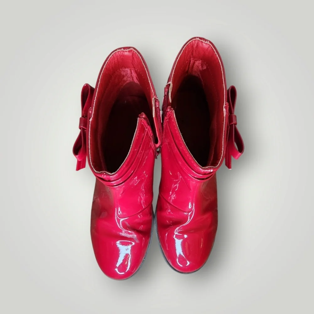 Gymboree Red Kids Boots with Bow size 2 Red Boots Side Zips Faux Patent